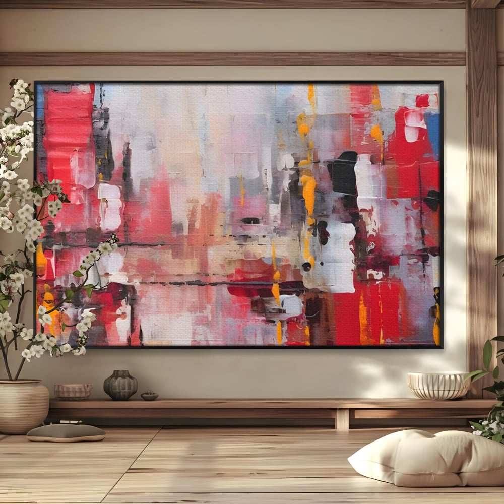 Tablou canvas cu pictura abstracta cu pete de rosu si galben, in rama de aluminiu negru